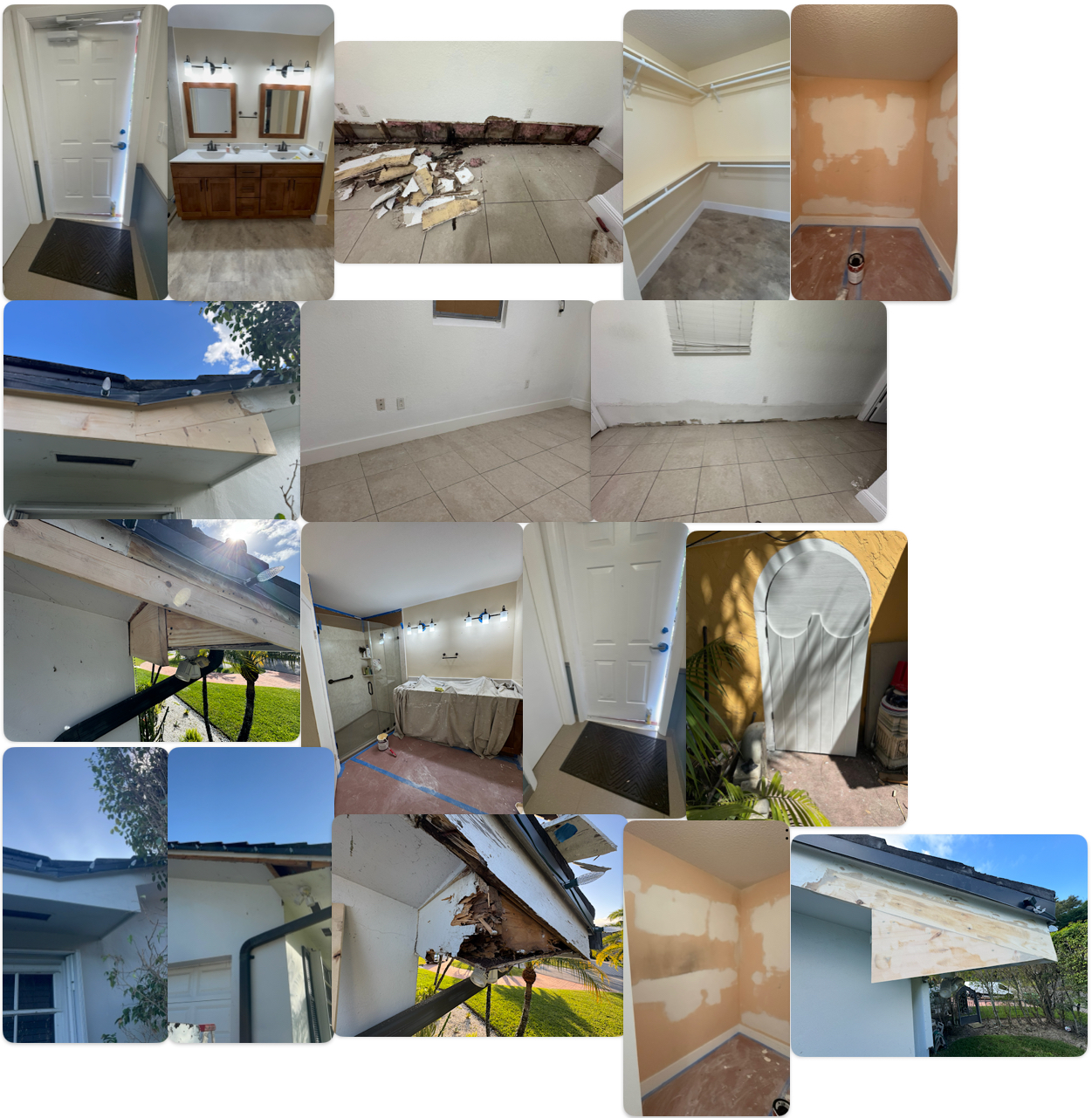 Collage of bathroom remodels, drywall repairs, and exterior fascia work in Miami